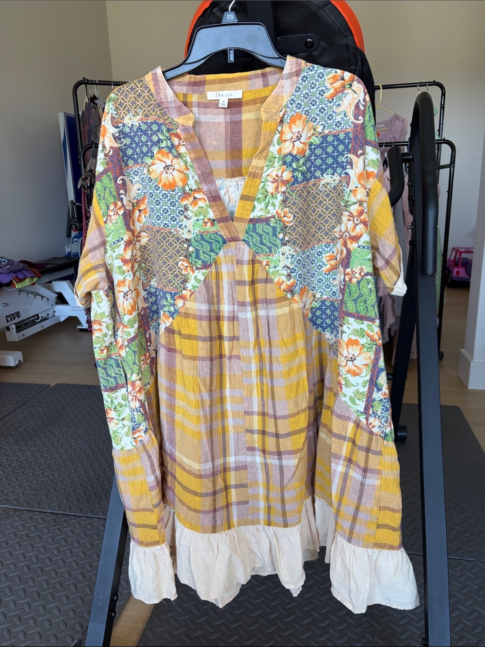 Oli & Hali Yellow Plaid and Floral Patchwork Midi Dress with Cream Ruffle Hem